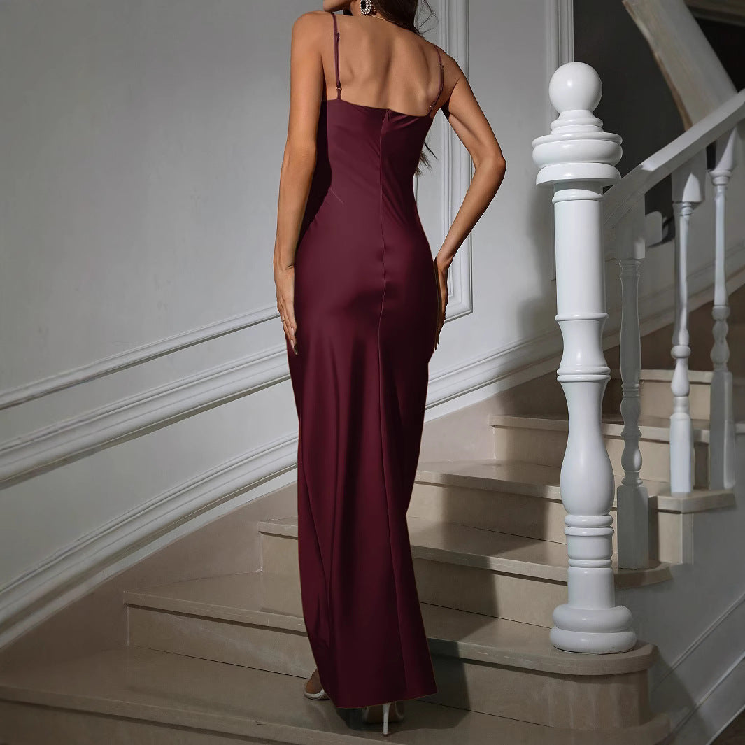 Women's Wine Red V-neck Dress Elegant French Style