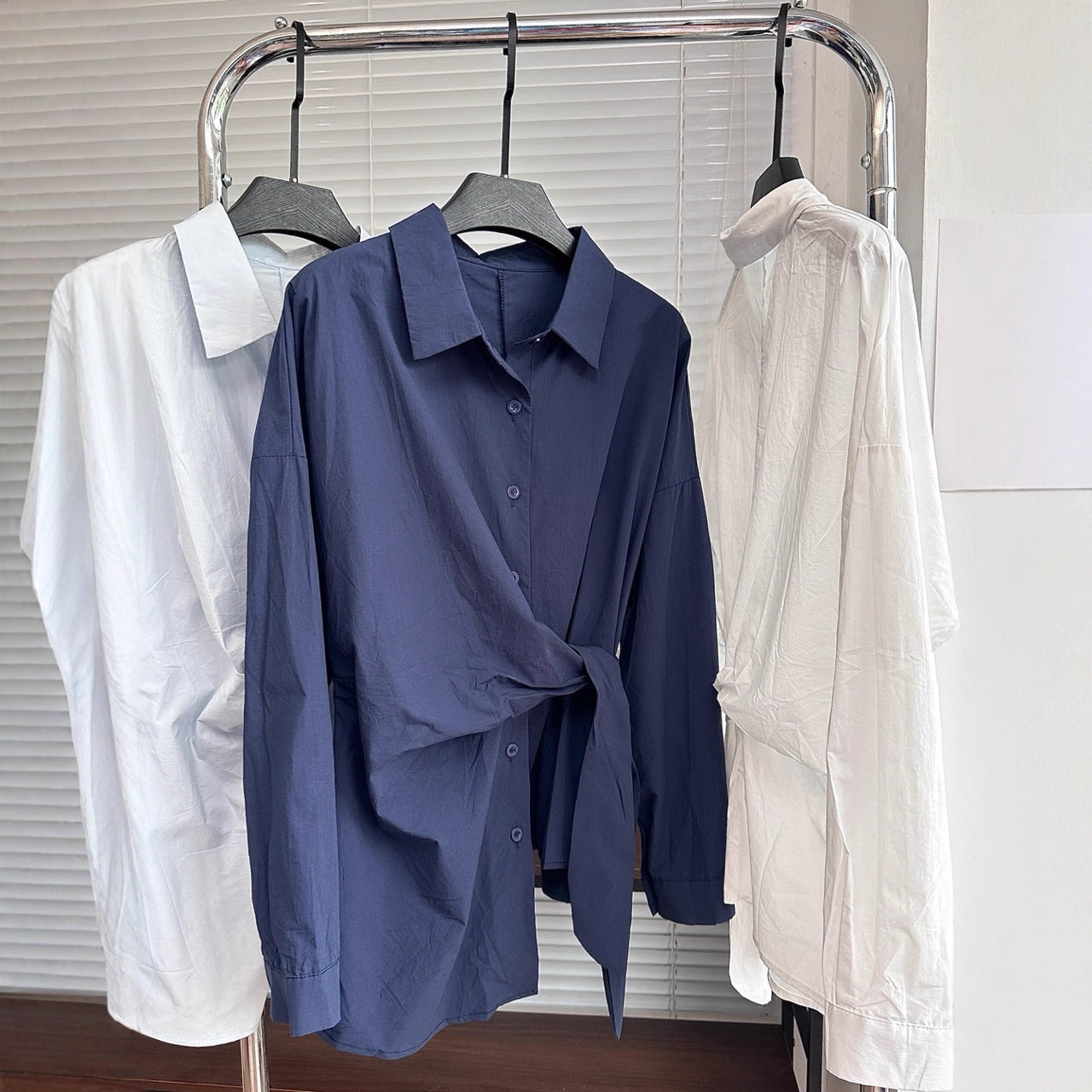 Turn-down Collar Single-breasted Tie-waist Slimming Shirt