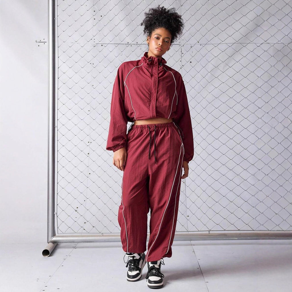 Womens Color-Block Drawstring Sports Jacket And Pants Set