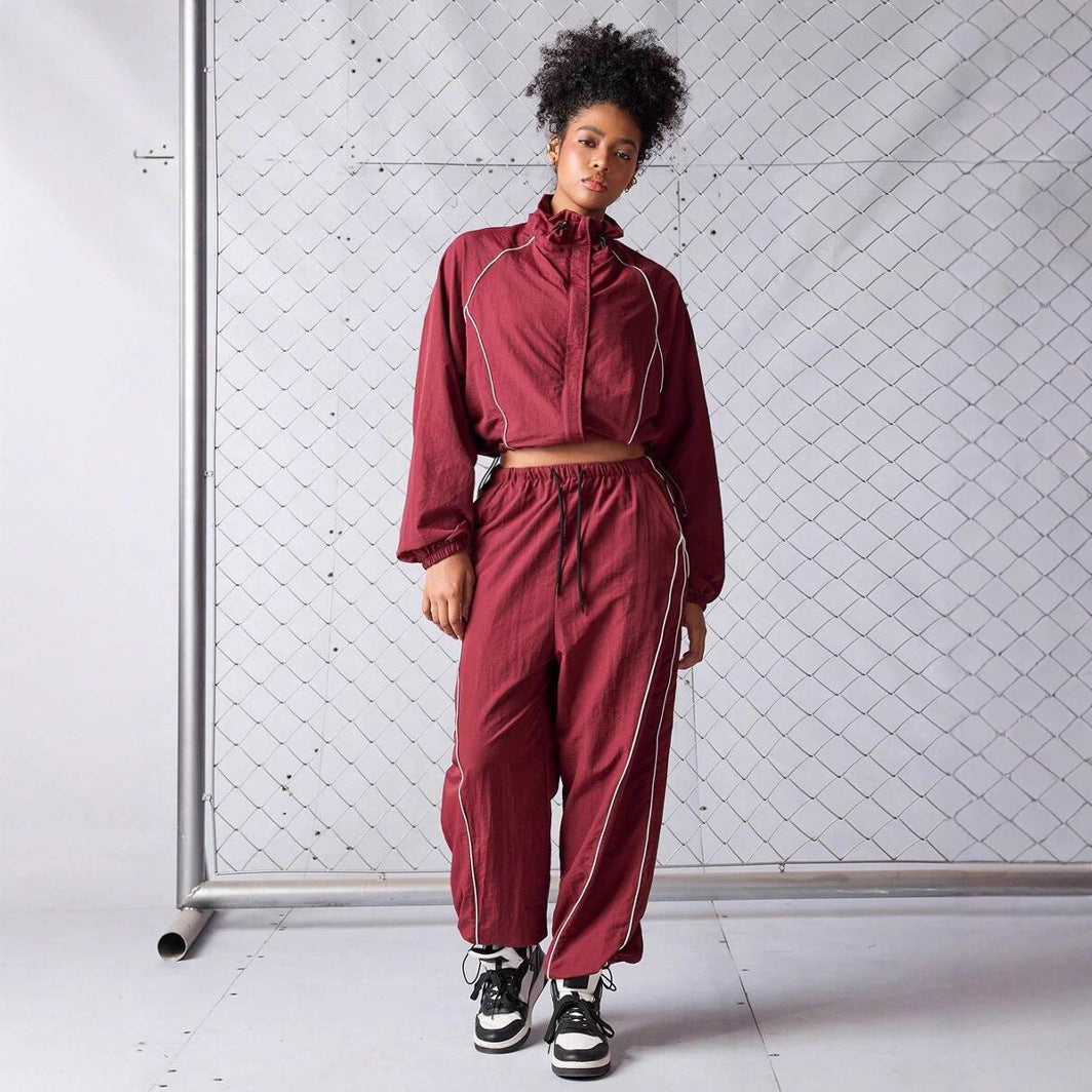 Womens Color-Block Drawstring Sports Jacket And Pants Set