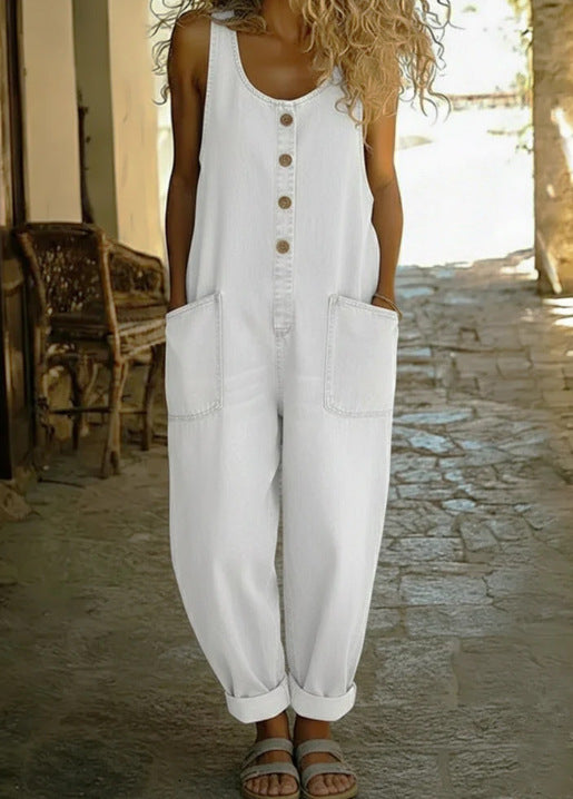 Women's Buckle Jumpsuit Casual Retro Multi-Pocket Overalls
