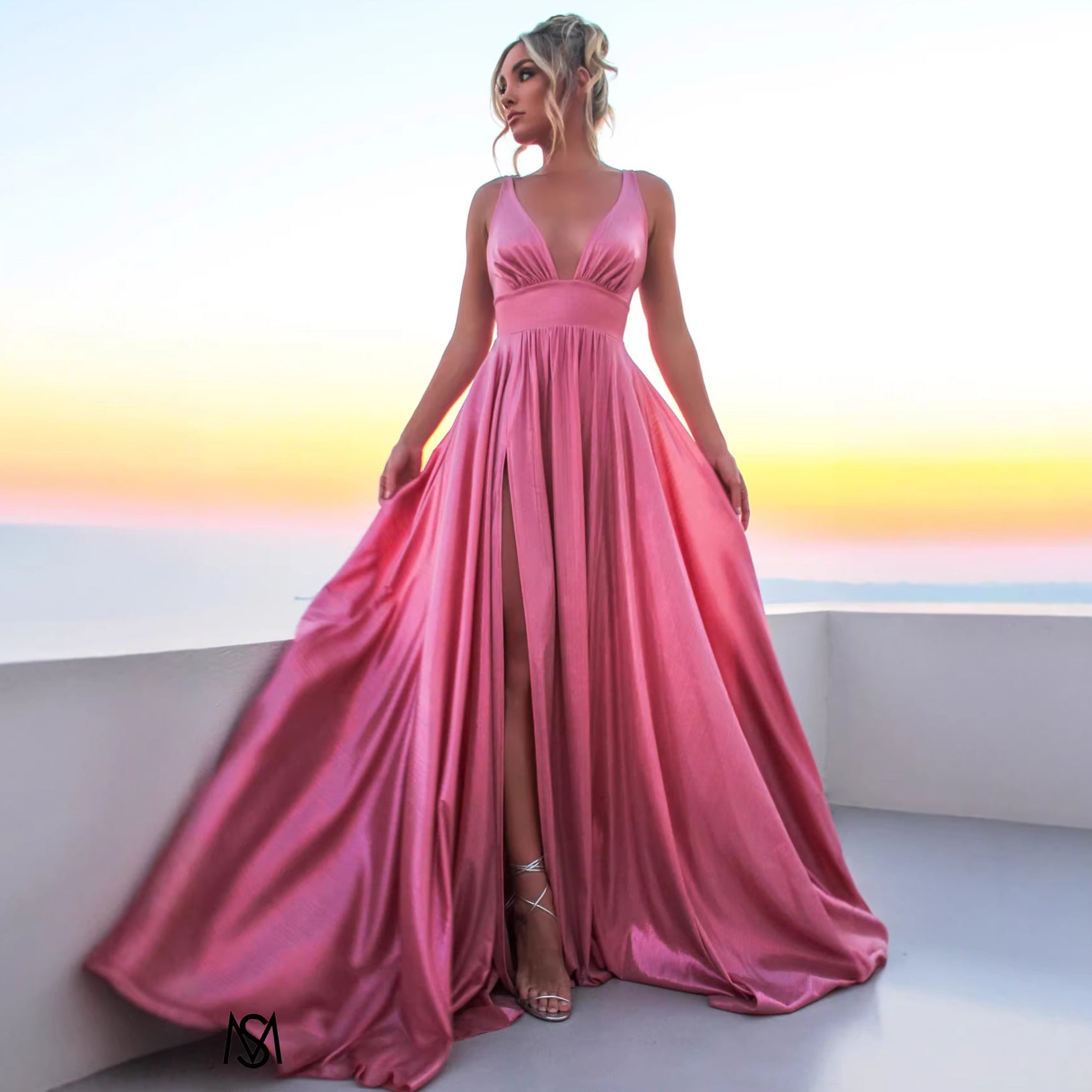 Draped-shoulder Long Dress Sleeveless High-waisted Split Dress