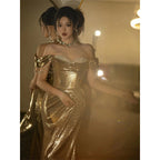 Gold Sequin Fishtail Dress | Off-Shoulder Bridal Toast Gown Women