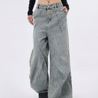 Light-blue Distressed Washed Denim Jeans With Spliced Pleats