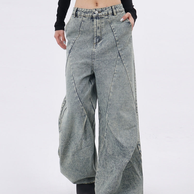 Light-blue Distressed Washed Denim Jeans With Spliced Pleats