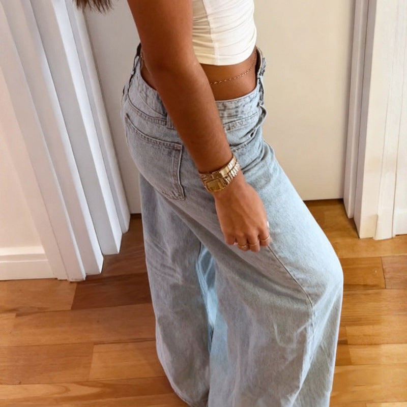 Minimalist Basic Washed DistressedLoose-fitting Straight-leg Pants