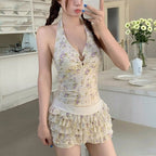 Womens Floral Halter Neck, Low-Chest Push-Up Two-Piece Skirted Swimsuit