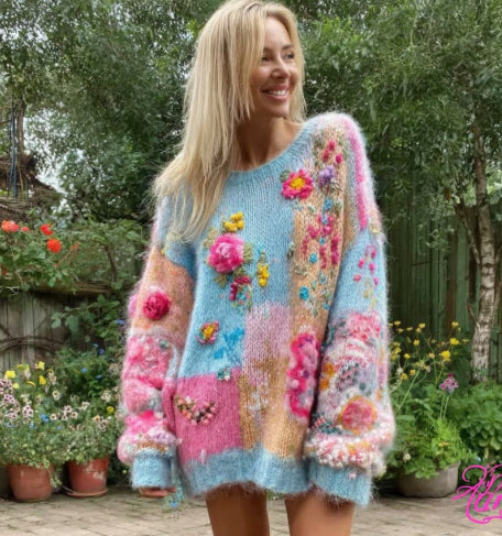 Womens Retro Printed American Streetwear Loose Knit-Resistant Cardigan Coat