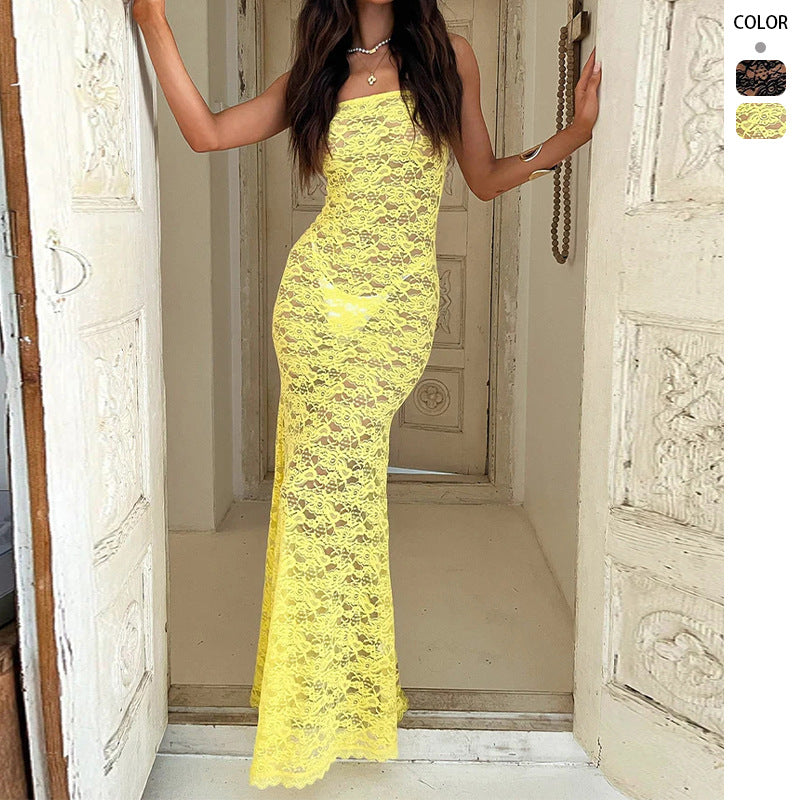 Lace-spliced Strap-backless Long Tube Dress For Women