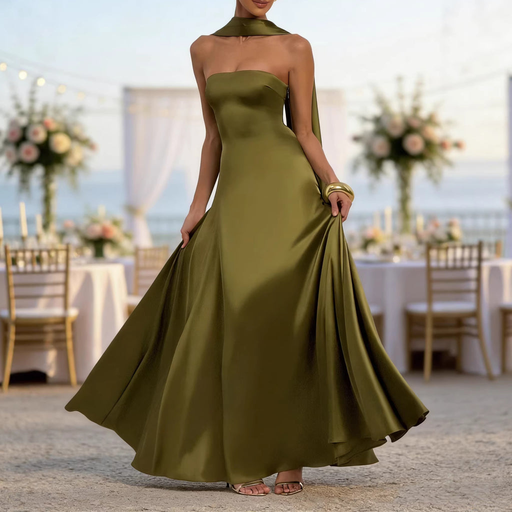 Womens Backless Tube-Top Waist-Cinching Evening Gown Long Dress