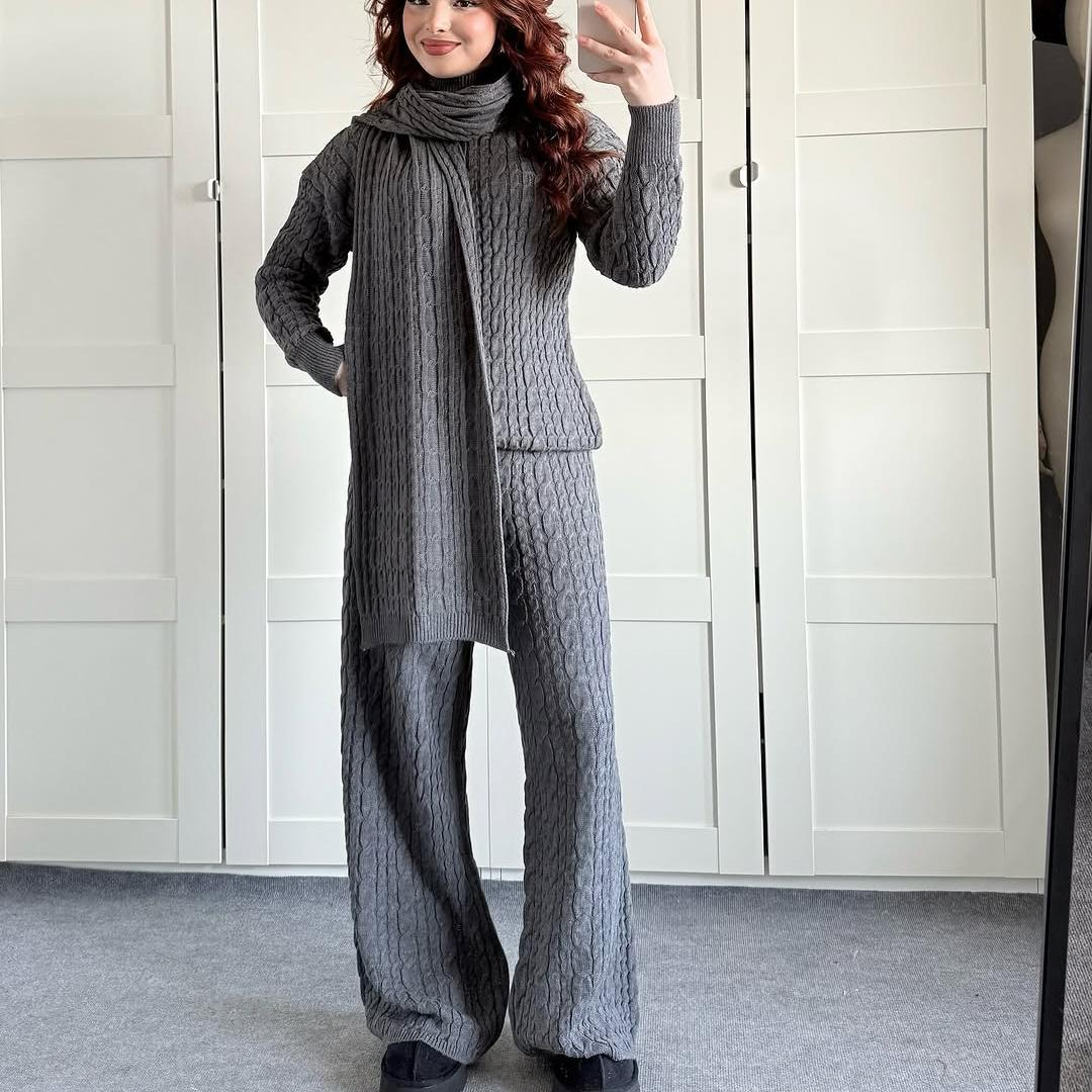 Warm Casual Neck Warmer Top And Pants Sweater Set