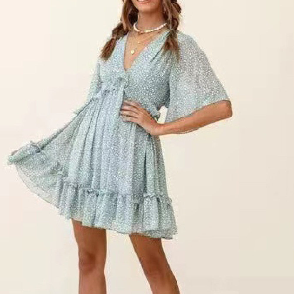 Fashionable Printed V-Neck Ruffle Womens Dress