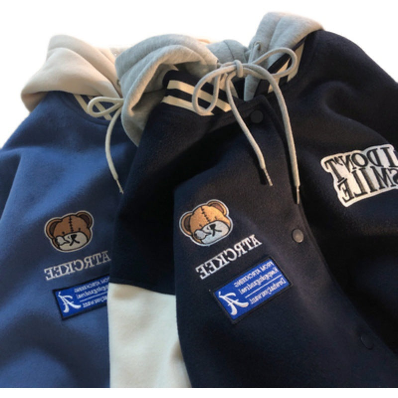 Hong Kong Style Retro Bear Hooded Jacket Loose And Chic