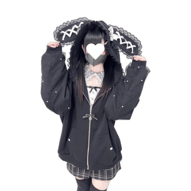 2D Ribbon Bunny Ears Hood With Bow And Pearl Decoration Cute Versatile Long Sleeve Jacket