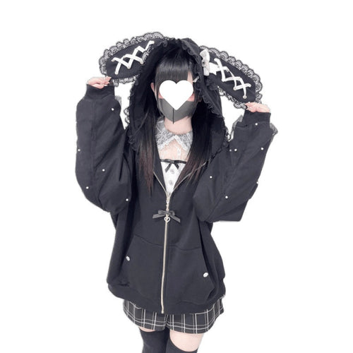 2D Ribbon Bunny Ears Hood With Bow And Pearl Decoration Cute Versatile Long Sleeve Jacket