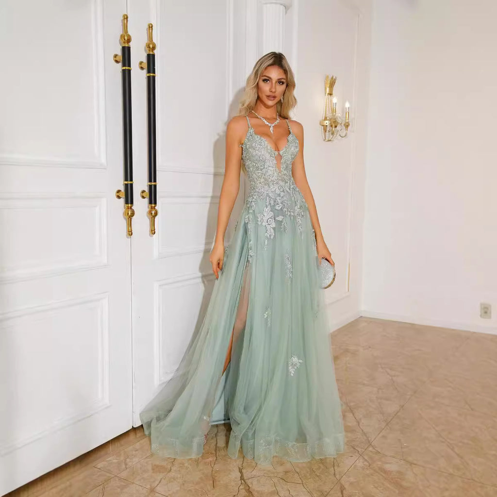 Lace-Up Dance Evening Dress | Princess Sleeve Long Formal Gown Women