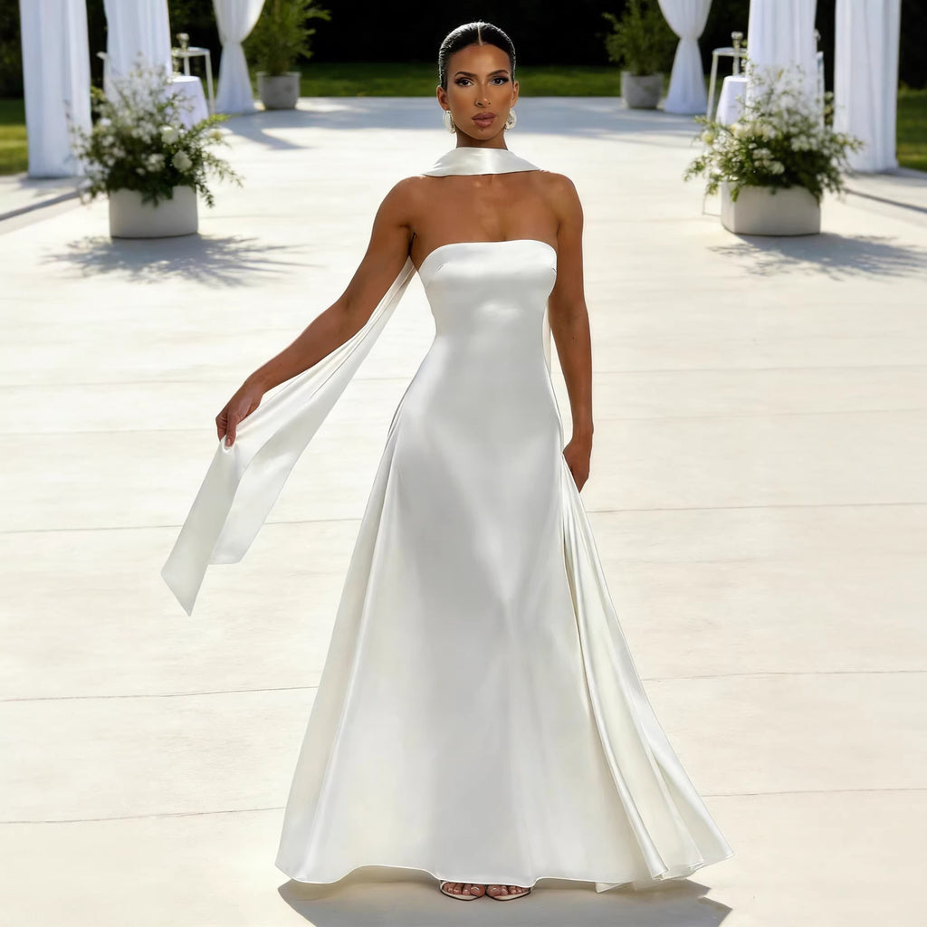 Womens Backless Tube-Top Waist-Cinching Evening Gown Long Dress