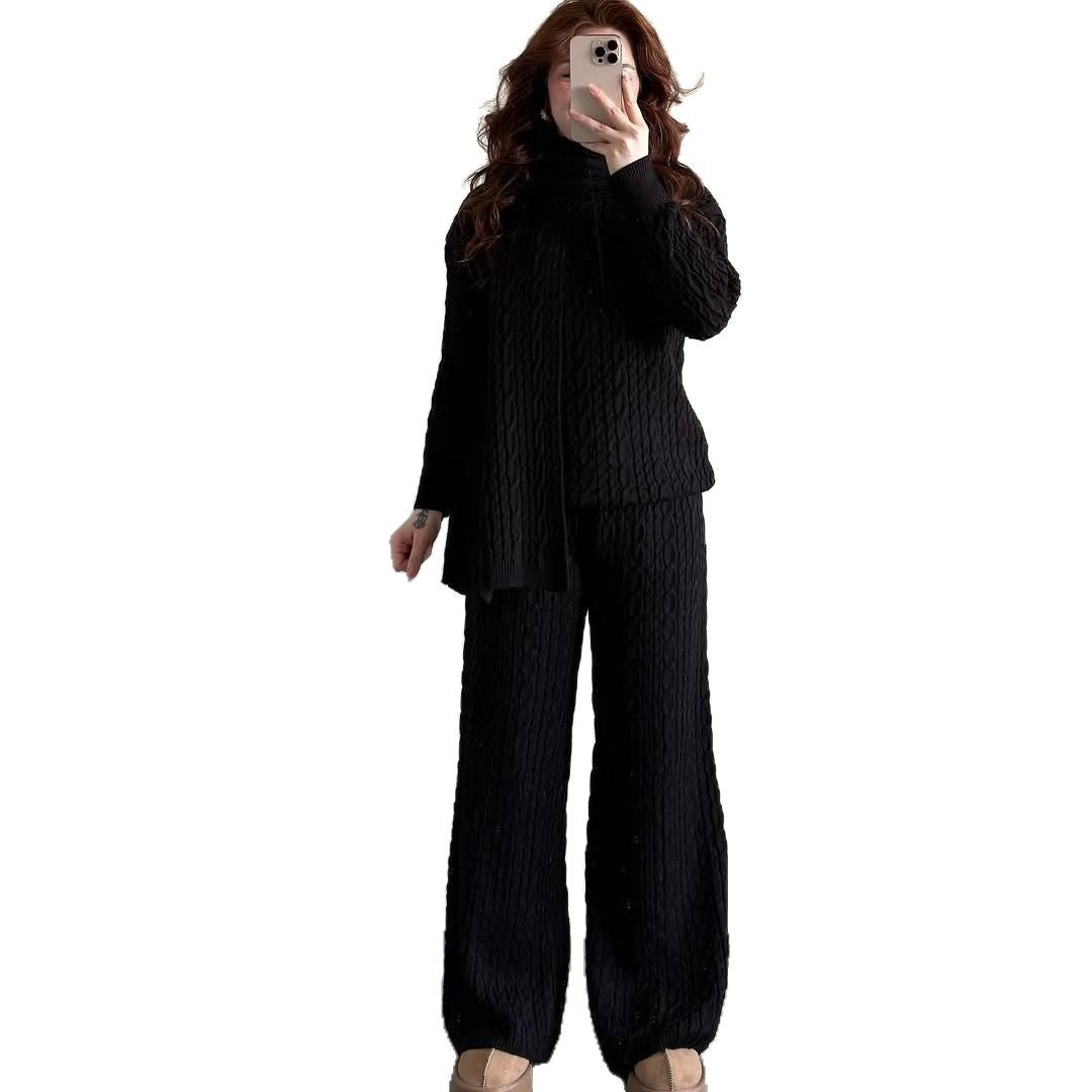 Warm Casual Neck Warmer Top And Pants Sweater Set