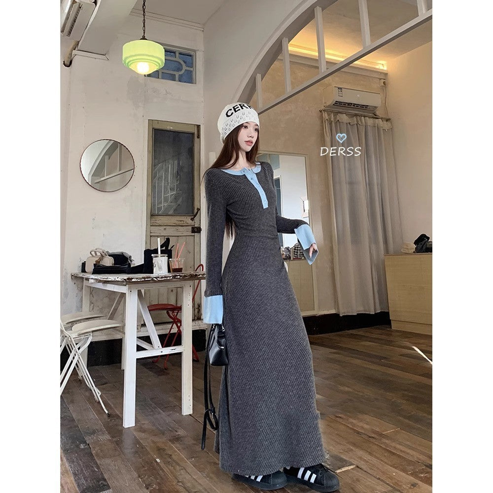 Womens Fashionable Slimming Patchwork Long-Sleeve Dress