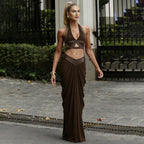 Sexy Cropped Halter Top And Pleated Bodycon Maxi Skirt Set