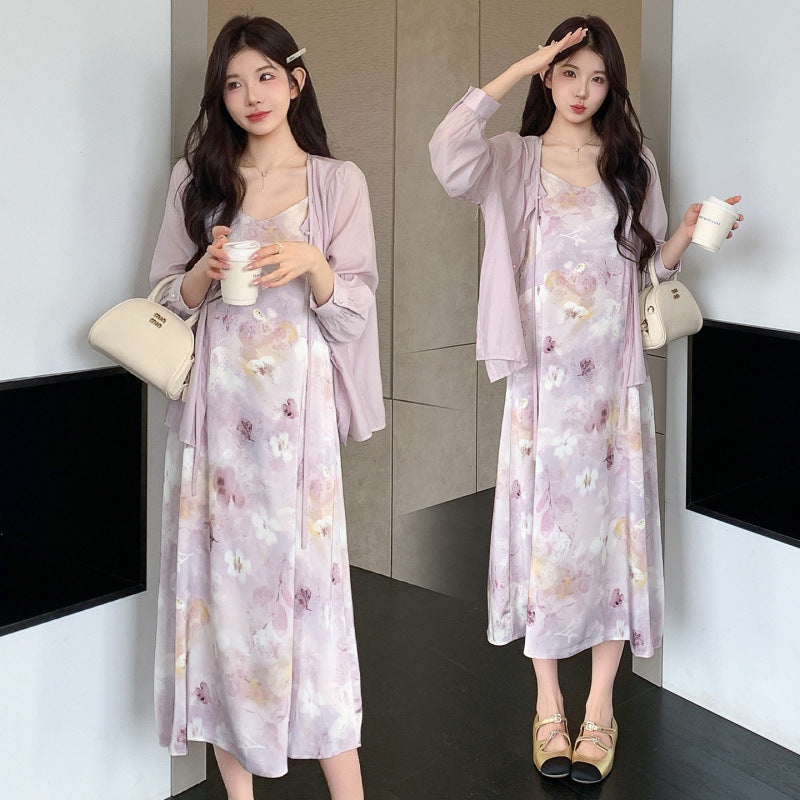 Sweet And Gentle Style Purple Printed Slip Dress Shirt And Cardigan Two-Piece Set