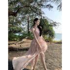 Summer Seaside Vacation Irregular  Halter Spaghetti Straps Backless Dress Women