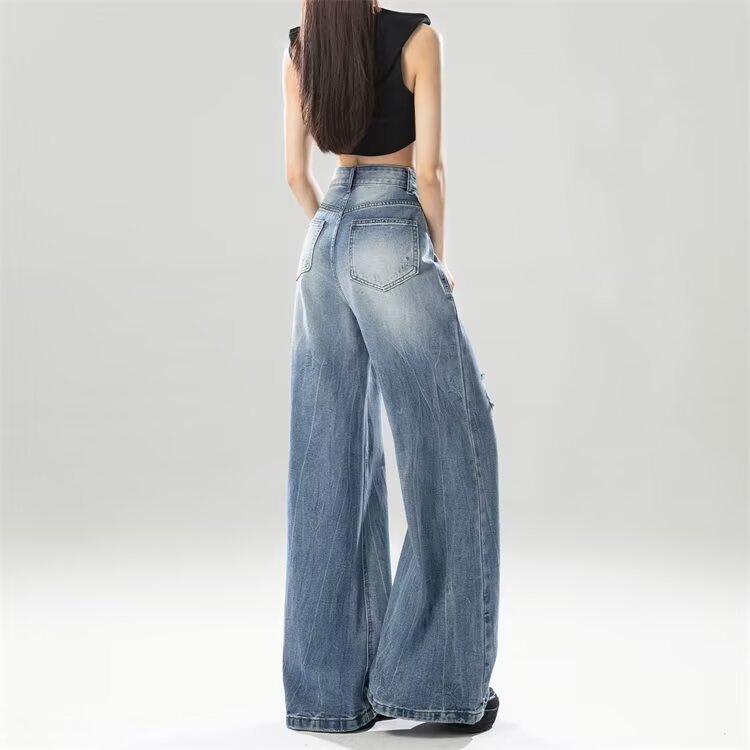 Retro Ripped Wide-Leg Denim Jeans For Women Autumn Style