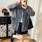 Women's Casual Loose Denim Patchwork Cardigan Coat