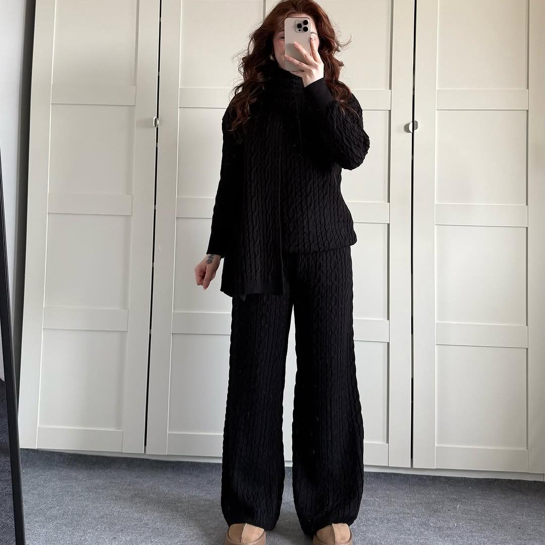 Warm Casual Neck Warmer Top And Pants Sweater Set