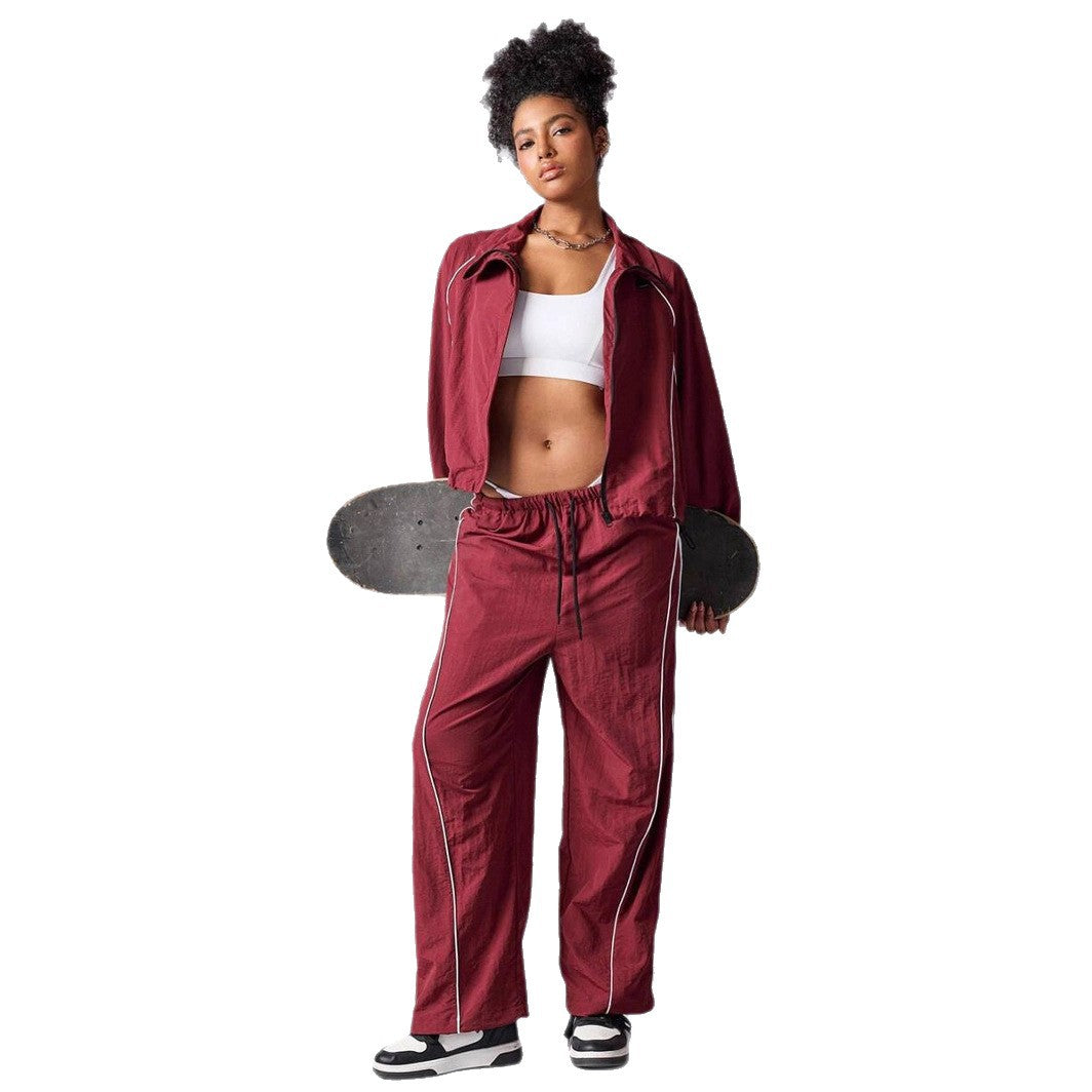 Womens Color-Block Drawstring Sports Jacket And Pants Set
