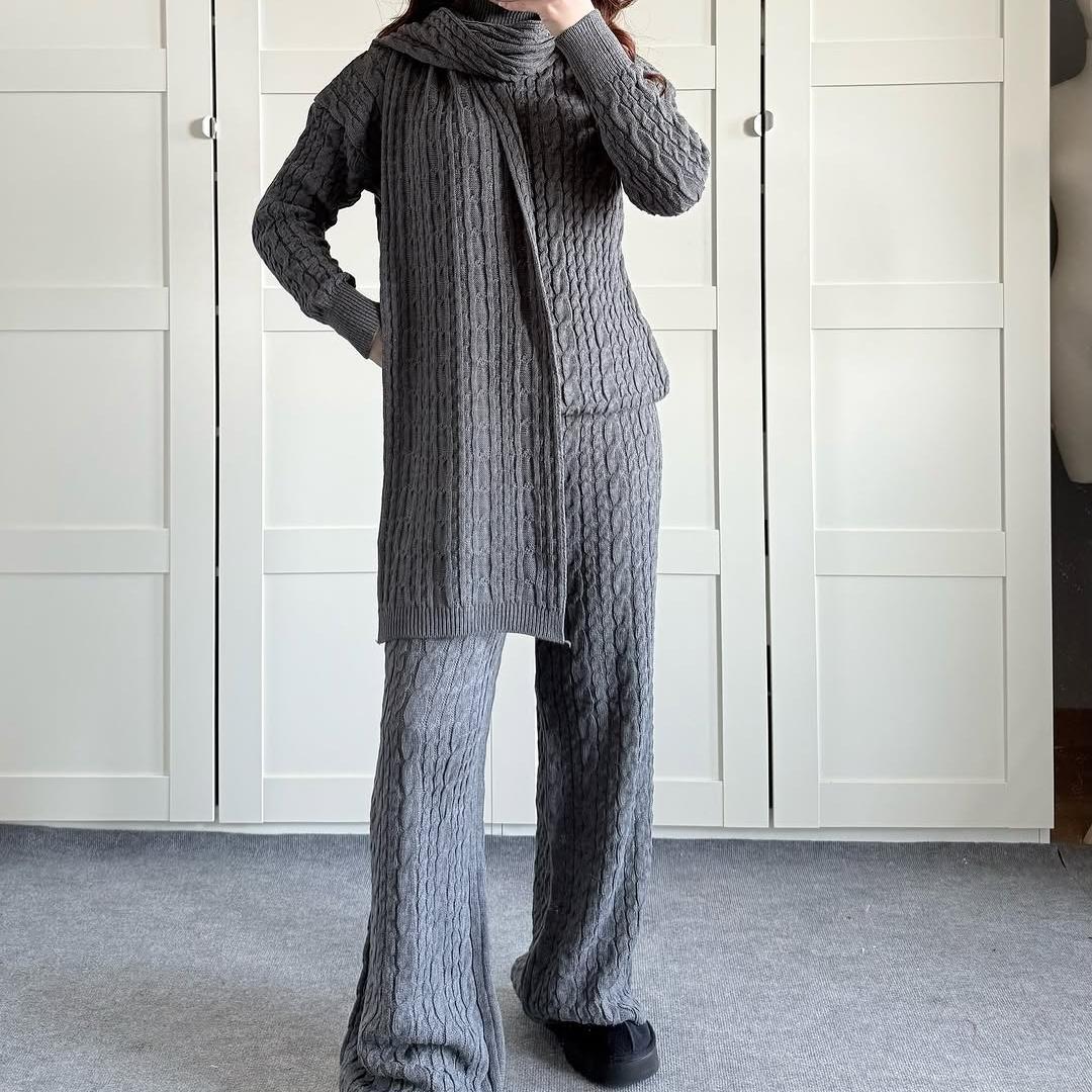 Warm Casual Neck Warmer Top And Pants Sweater Set