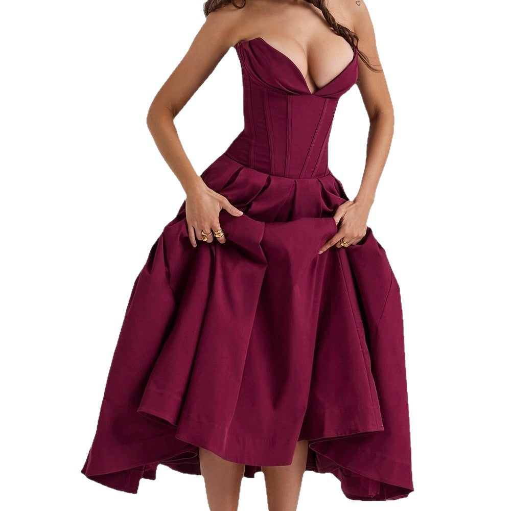 Solid-color V-neck Maxi-length Sleeveless Boned Bustier Elegant Sexy Figure-flattering Midi Dress