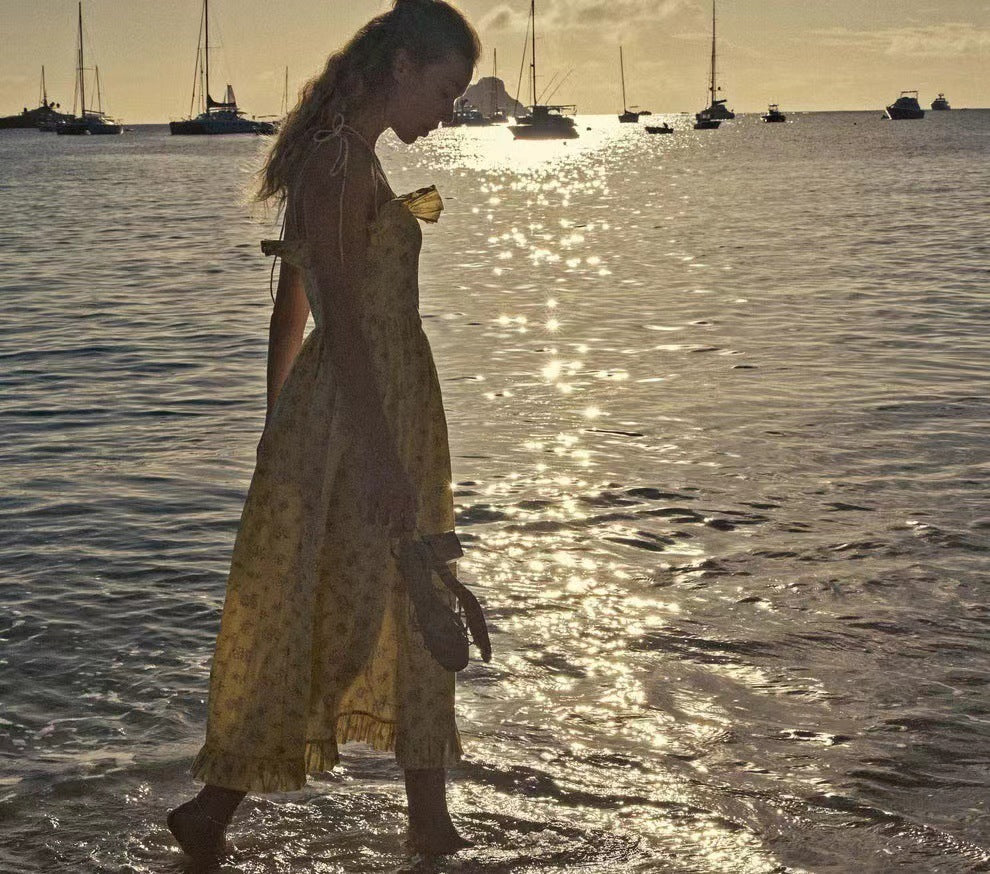 Cotton Printed Vacation Style Lace-up Ruffle Sleeveless Dress