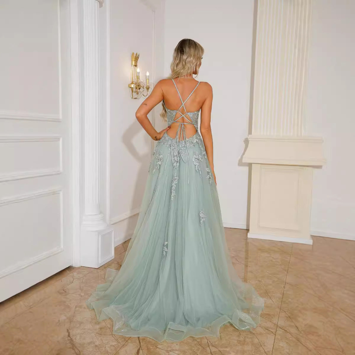 Lace-Up Dance Evening Dress | Princess Sleeve Long Formal Gown Women