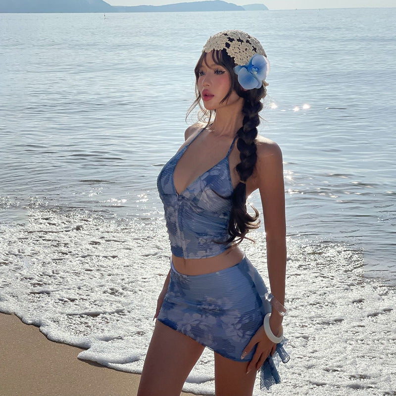 Seaside Vacation Style Printed Sequins Halterneck Vest Sheath Slim Fit Skirt Suit