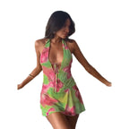 Sexy Backless Halter Vacation Style Hot Girl Print Dress