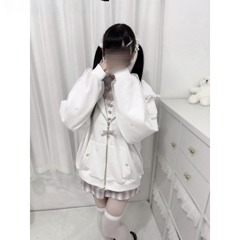 2D Ribbon Bunny Ears Hood With Bow And Pearl Decoration Cute Versatile Long Sleeve Jacket
