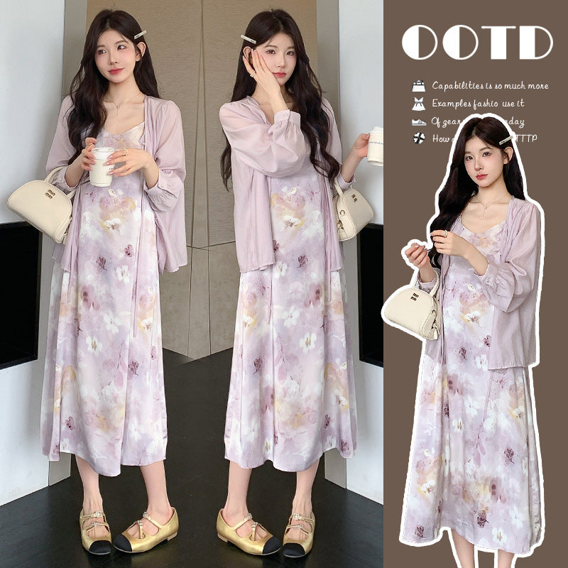 Sweet And Gentle Style Purple Printed Slip Dress Shirt And Cardigan Two-Piece Set