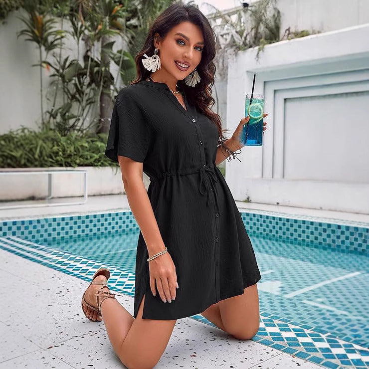 V-neck Solid-color Lace-up Dress