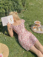 Women's Summer New French Style Romantic Elegant Floral Print Waist-Cinched A-Line Mini Dress