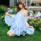 Blue Vacation Spaghetti Straps Top And Skirt Suit