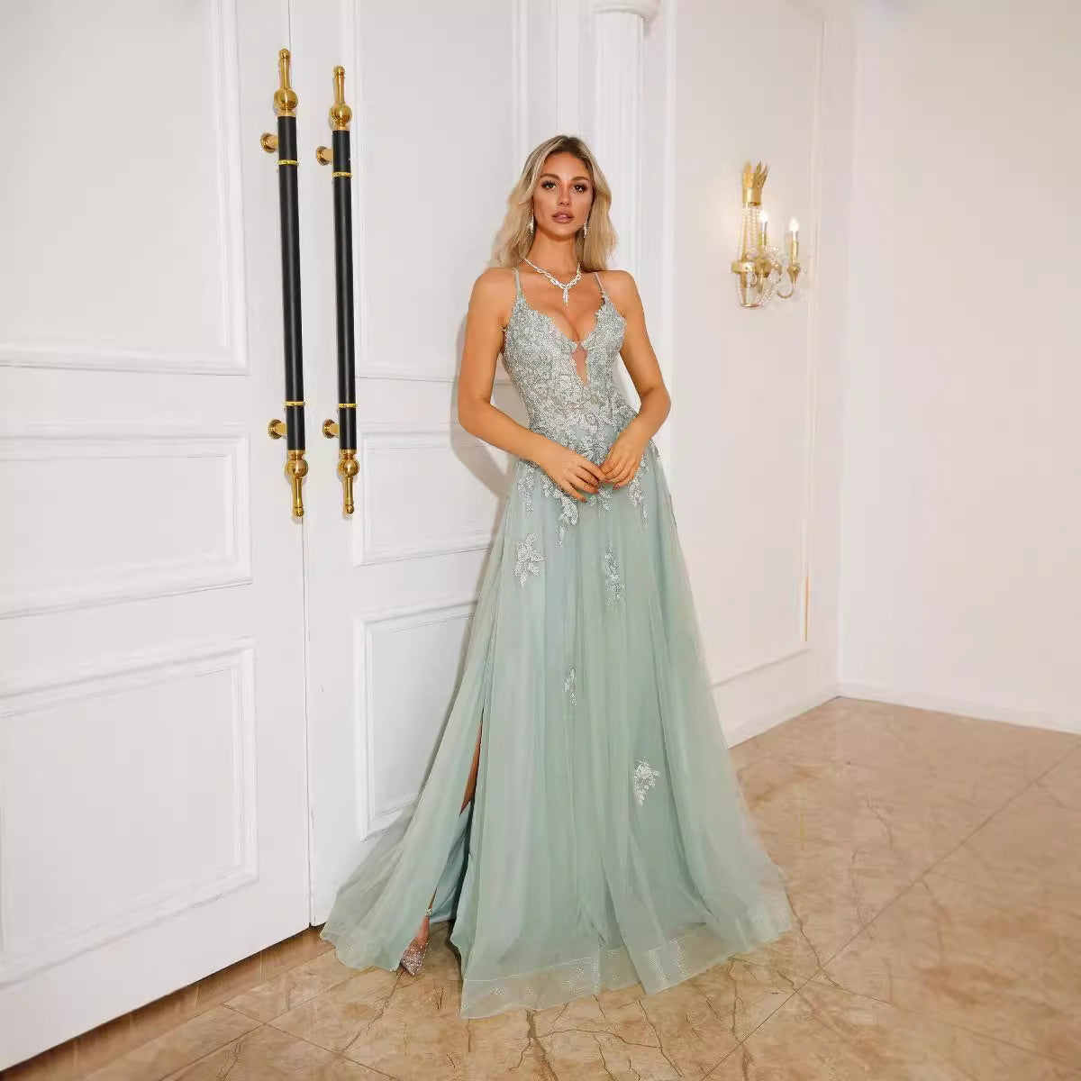 Lace-Up Dance Evening Dress | Princess Sleeve Long Formal Gown Women