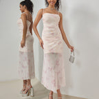 Sweet Printed Pleated Suspender Dress Vacation Style
