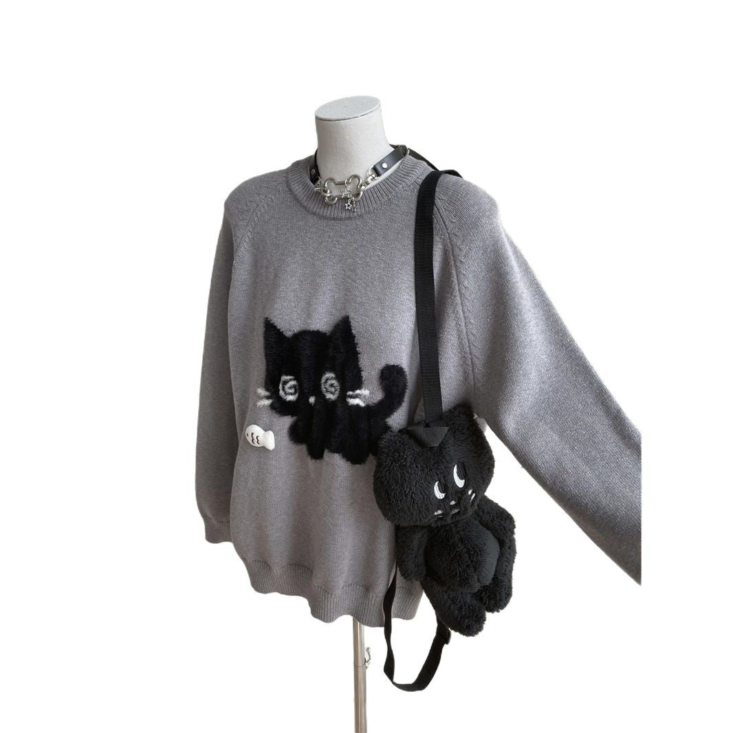 New Cute Black Cat Brocade Sweater Women