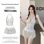 Womens Floral Halter Neck, Low-Chest Push-Up Two-Piece Skirted Swimsuit