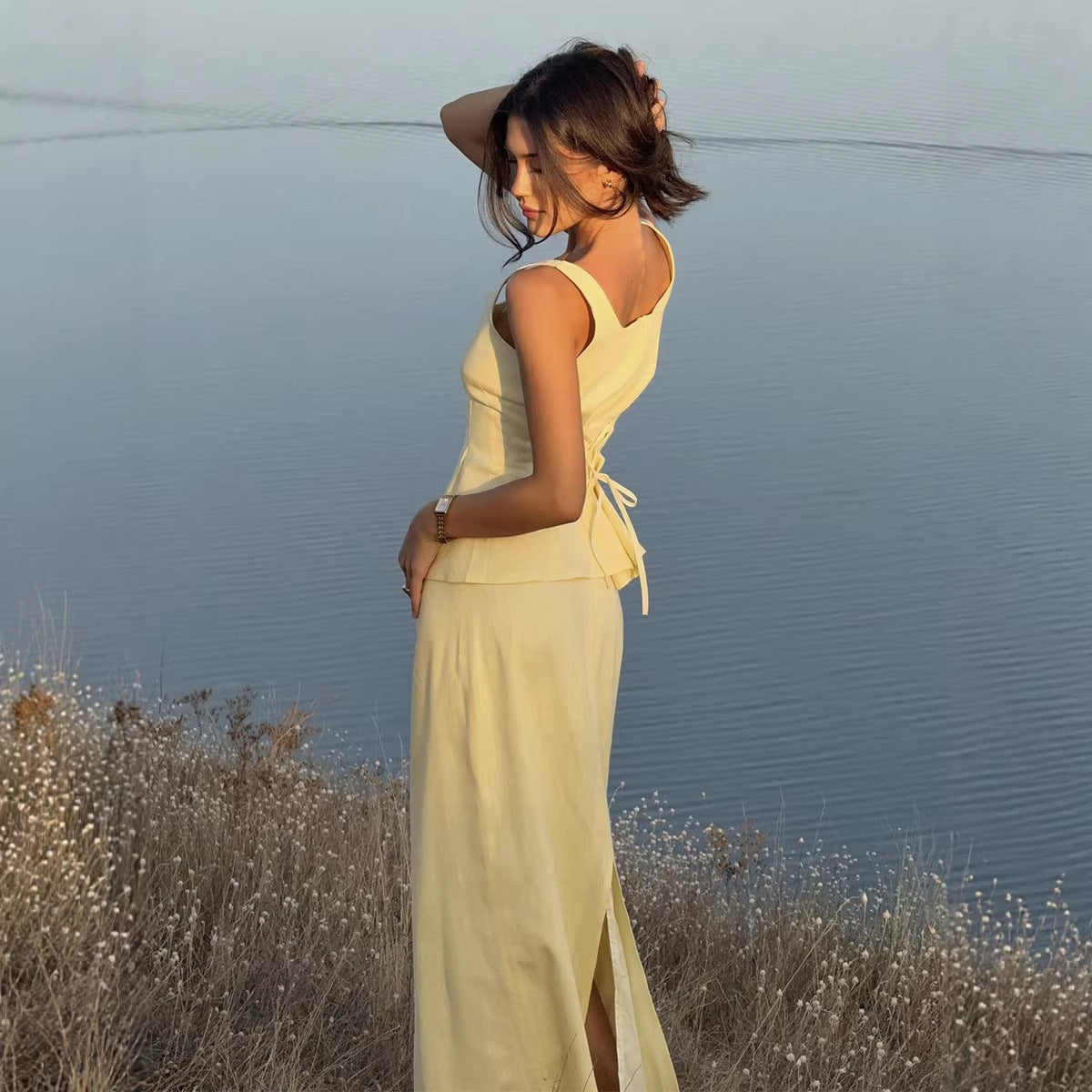 Strapless Waist-cinching Top And Fishtail Maxi Skirt Set