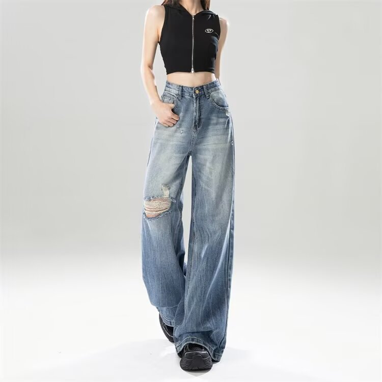 Retro Ripped Wide-Leg Denim Jeans For Women Autumn Style