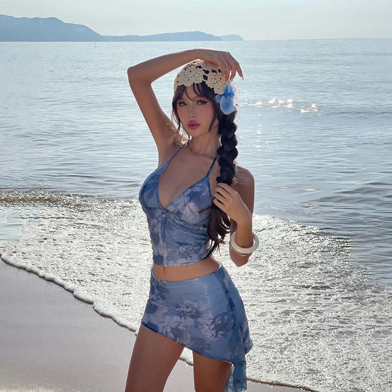 Seaside Vacation Style Printed Sequins Halterneck Vest Sheath Slim Fit Skirt Suit