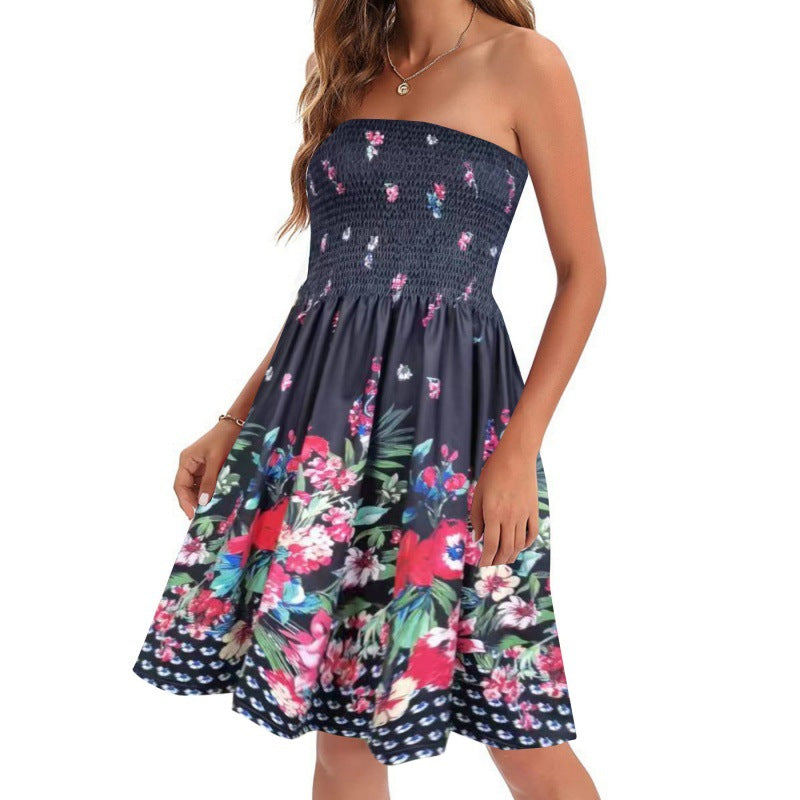 European And American Spring And Summer New Fashion Printed Beach Vacation Sexy Tube Top Dress
