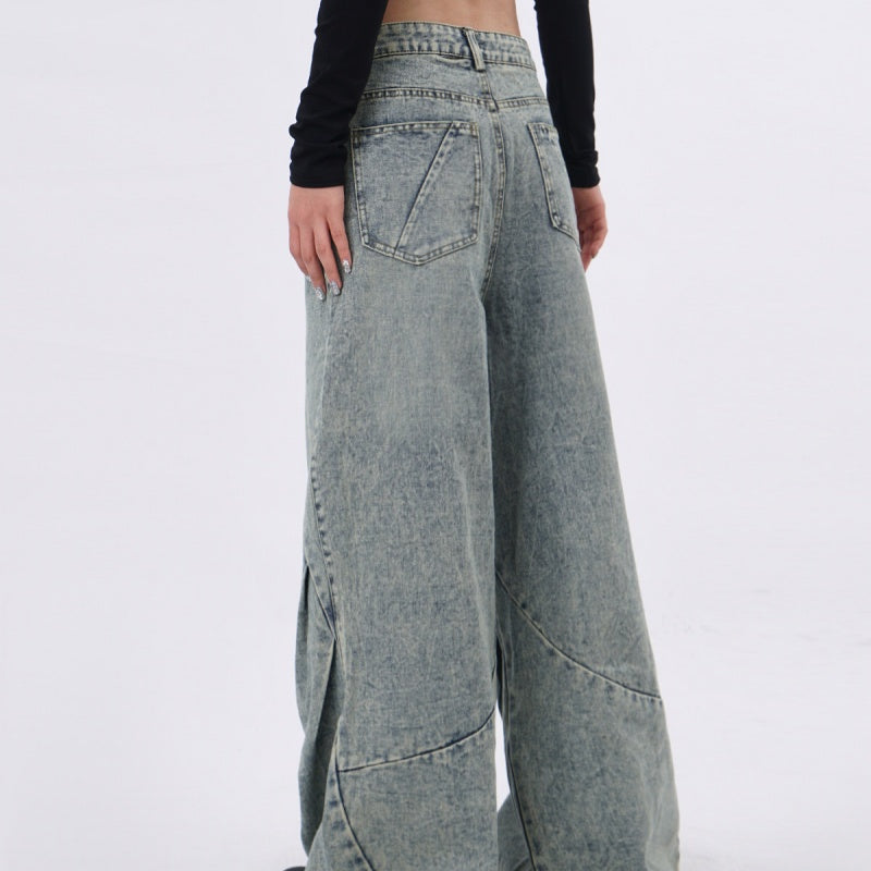 Light-blue Distressed Washed Denim Jeans With Spliced Pleats